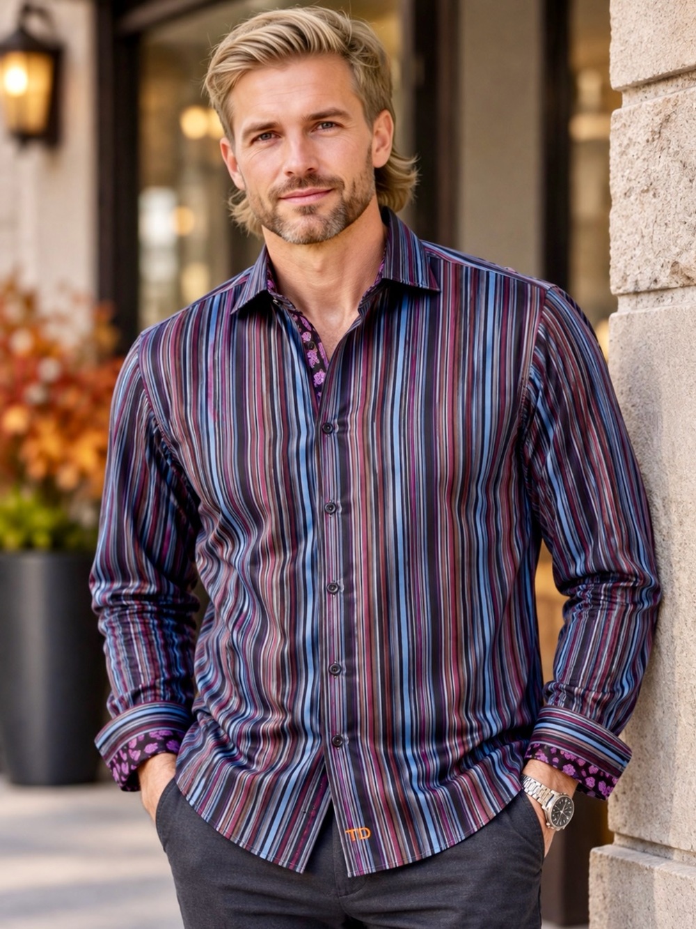 Thomas Dean Striped Button-Up Shirt Paisley Trim | Night Out / Holiday / Medium